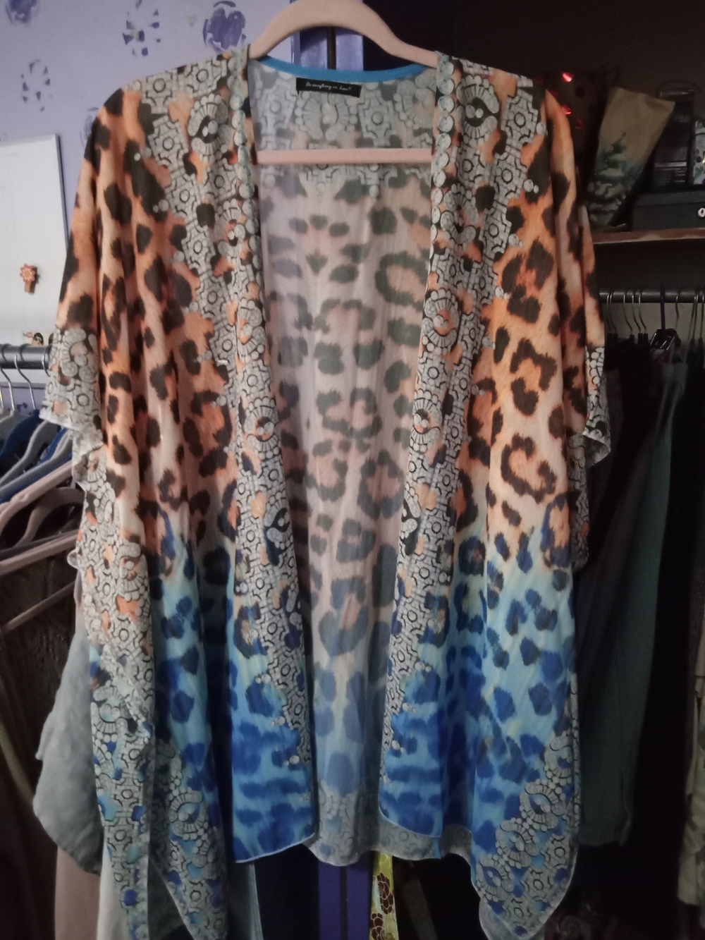 Do Everything In Love Tan And Blue Trim Sheer Printed Kimono